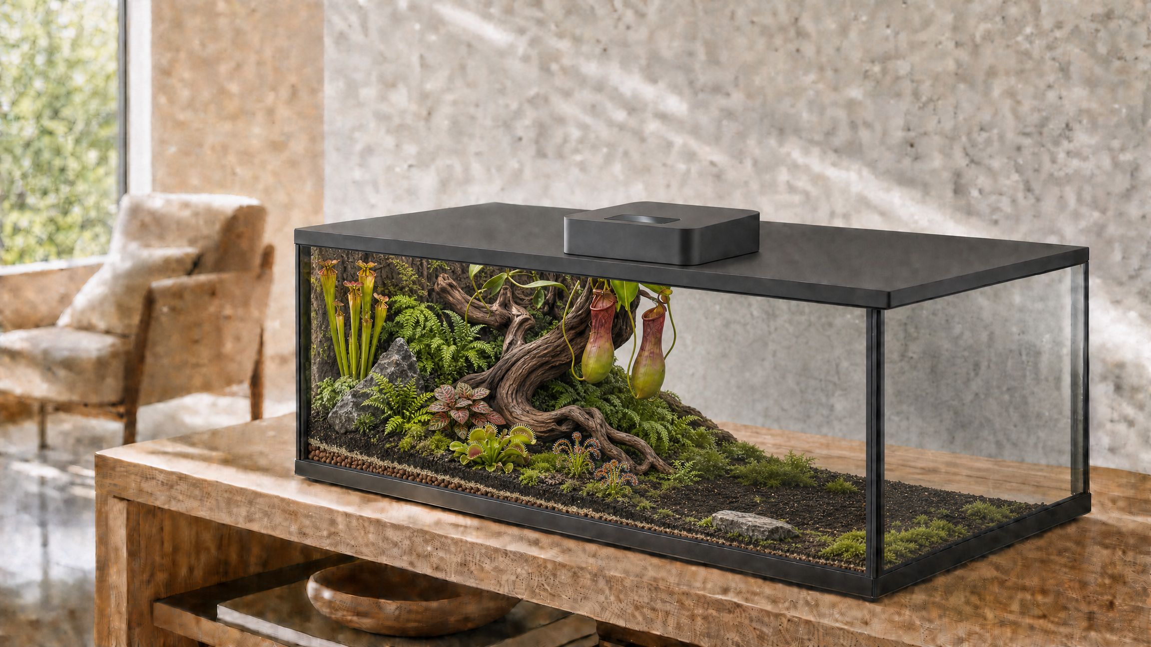 A verdIQore smart terrarium on a pale oak console in a sunlit room, pitcher plants, a Venus flytrap and moss behind glass, under a flat black lid with the controller seated into it.