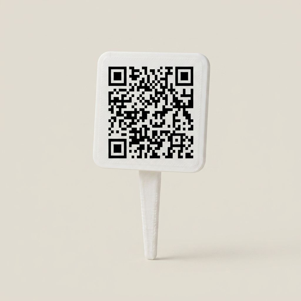 A white plant tag: a small square face with rounded corners and a black code on it, on a slim tapered spike, photographed against a plain pale background.